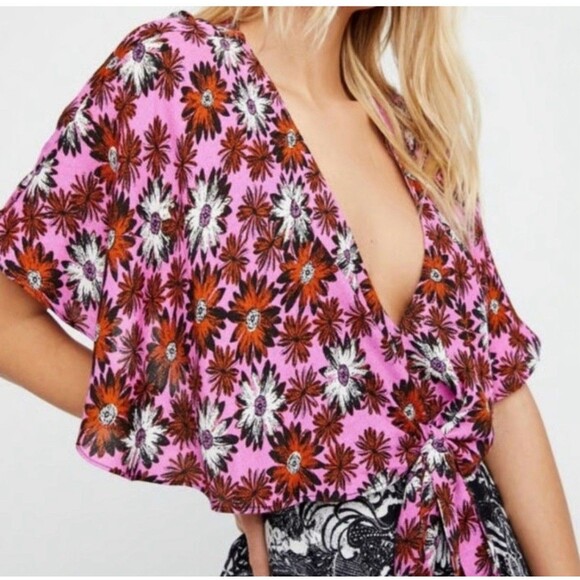 Free People Mini Dress Cut Out Foral Printed V Neck Sz S Boho Hawaii Tropical - Picture 3 of 13